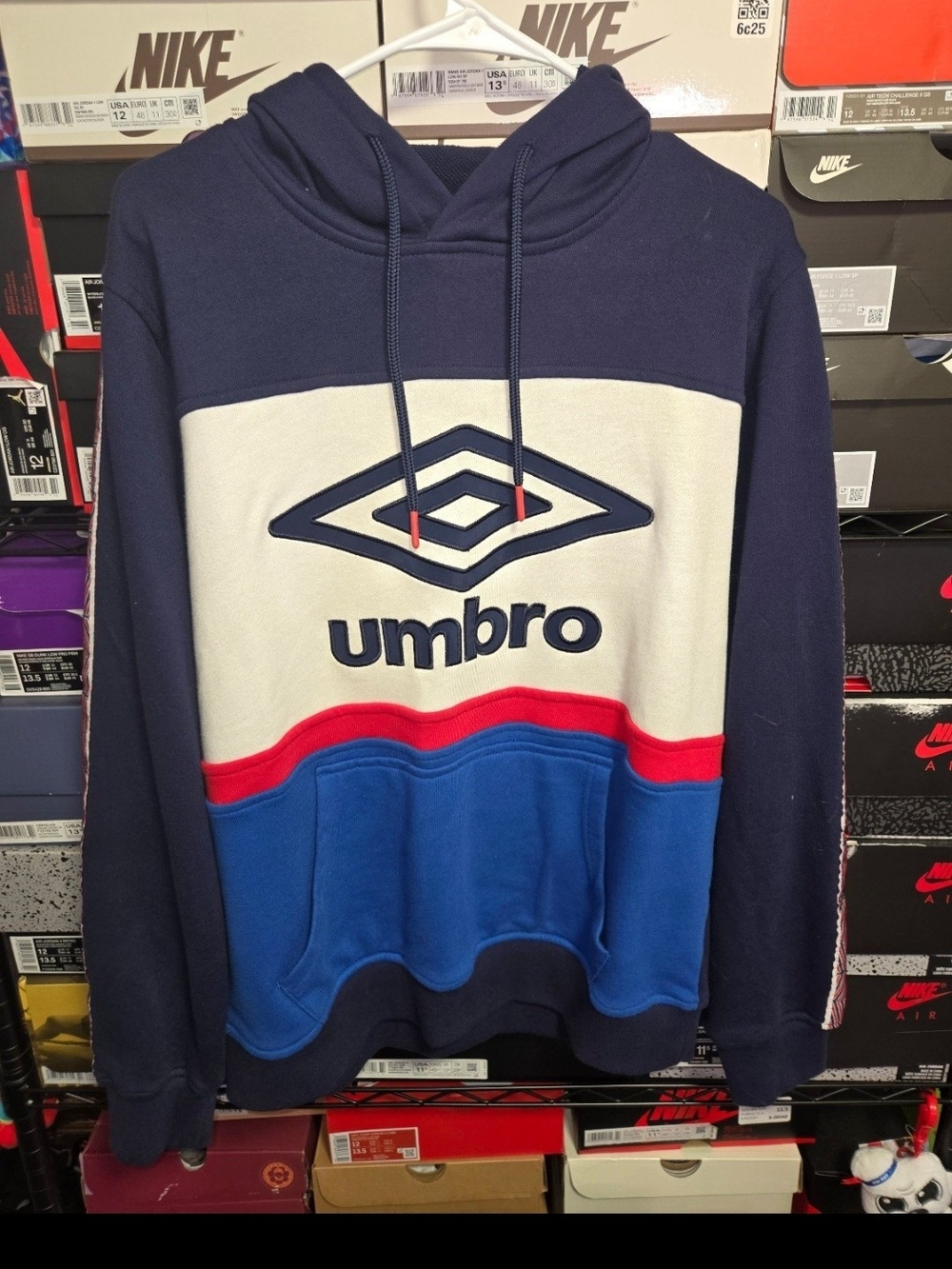Umbro Navy, White & Royal Blue Colorblock Pullover Hoodie with Red Accent